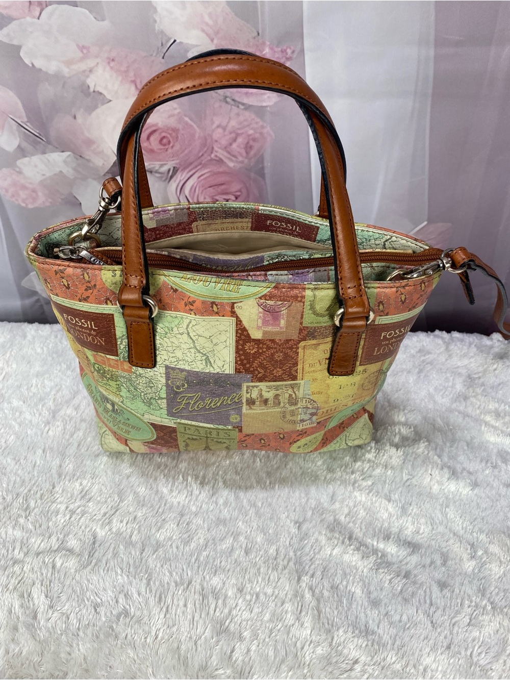 Fossil Multicolor Patchwork Canvas Tote with Brown Leather Handles